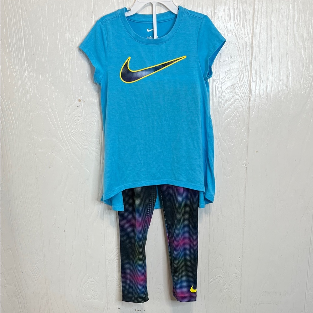 Nike Vibrant Blue Tee and Colorful Leggings Set